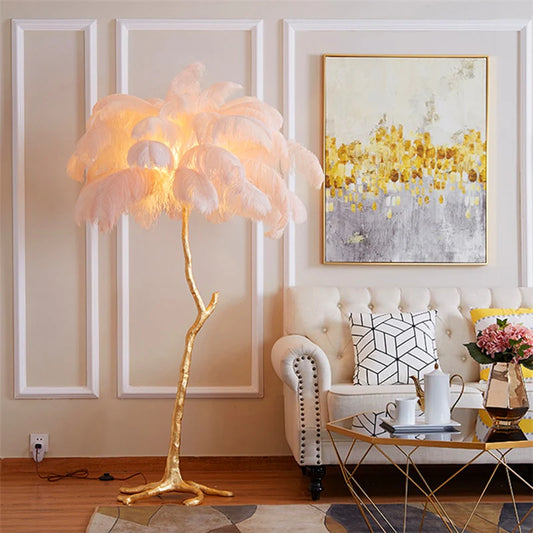  Ostrich Feather Brass Floor Lamp 