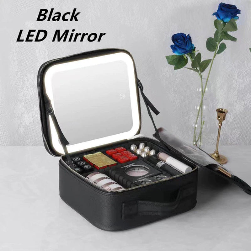 Women LED Light Cosmetic Bag Mirror Cosmetic Case Luxury PU Large Capacity Portable Travel Makeup Bags for Women