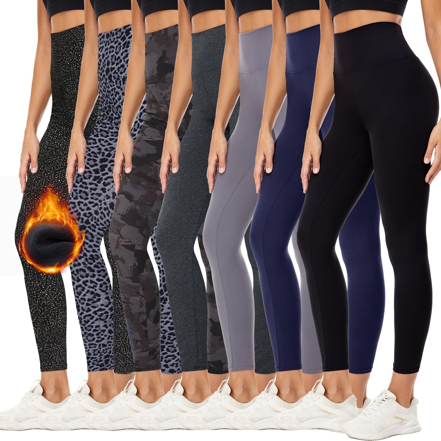 Women High Waisted Leggings- Black-7 Pack 