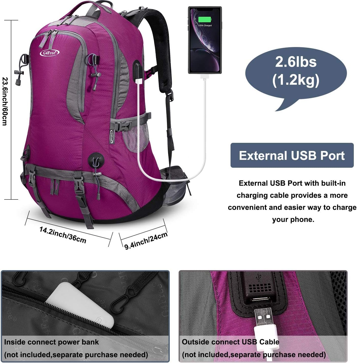 50L Hiking Backpack (Rose Red)