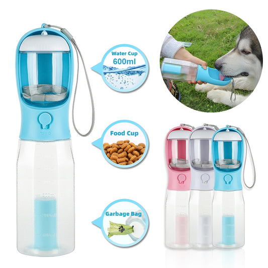 Portable 3-in-1 Pet Water Bottle, Feeder, and Bag Dispenser