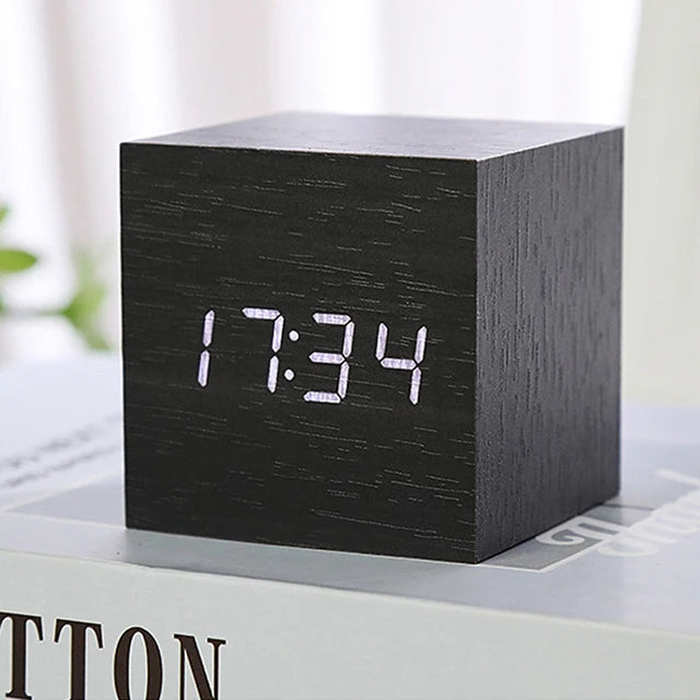 Wooden Cube Digital Alarm Clock