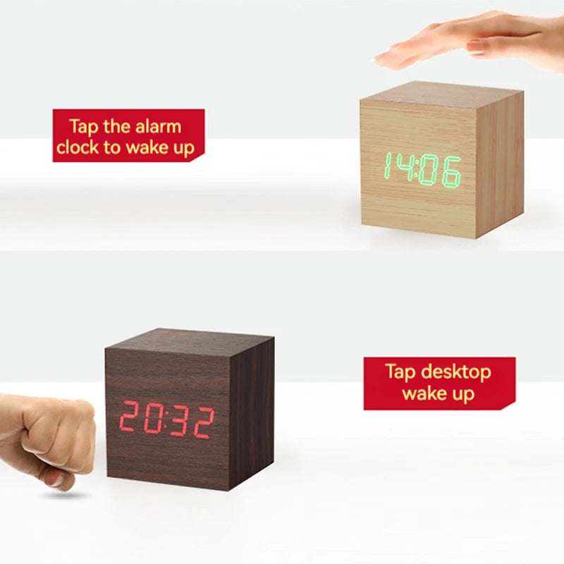 Wooden Cube Digital Alarm Clock