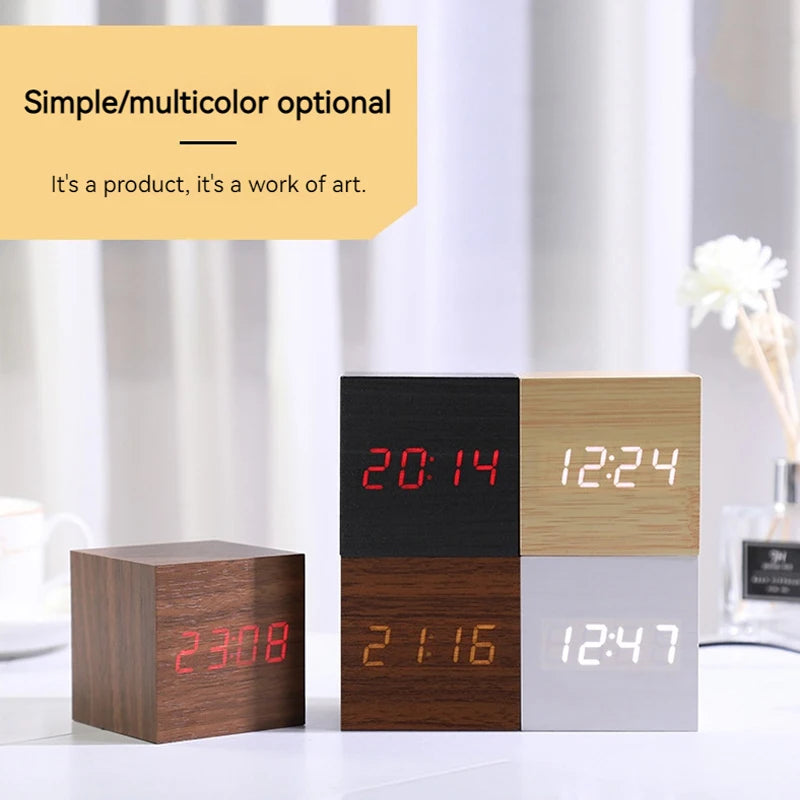 Wooden Cube Digital Alarm Clock