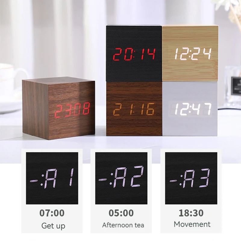 Wooden Cube Digital Alarm Clock