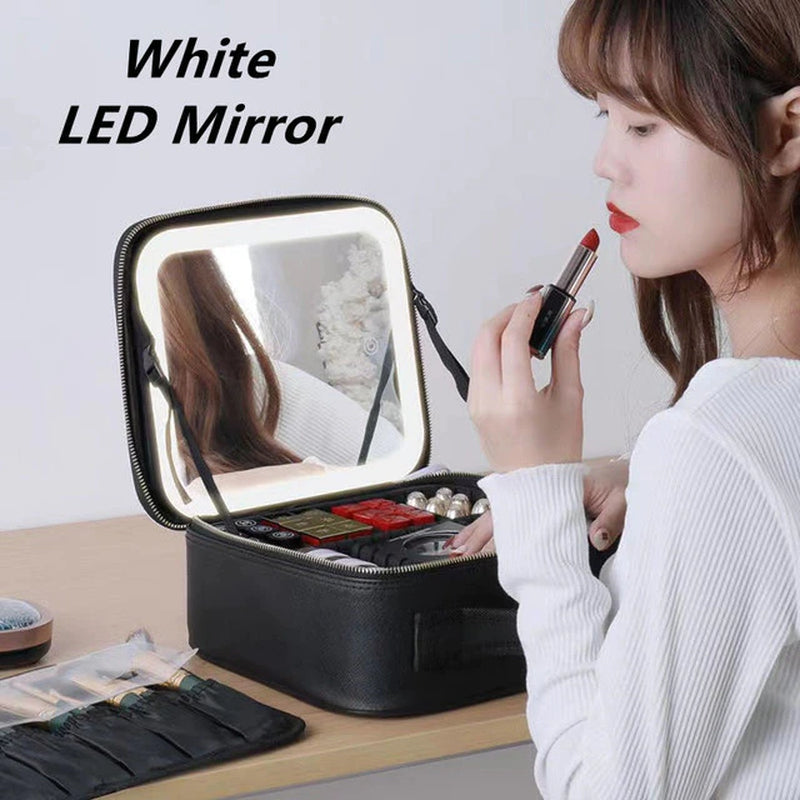 Women LED Light Cosmetic Bag Mirror Cosmetic Case Luxury PU Large Capacity Portable Travel Makeup Bags for Women